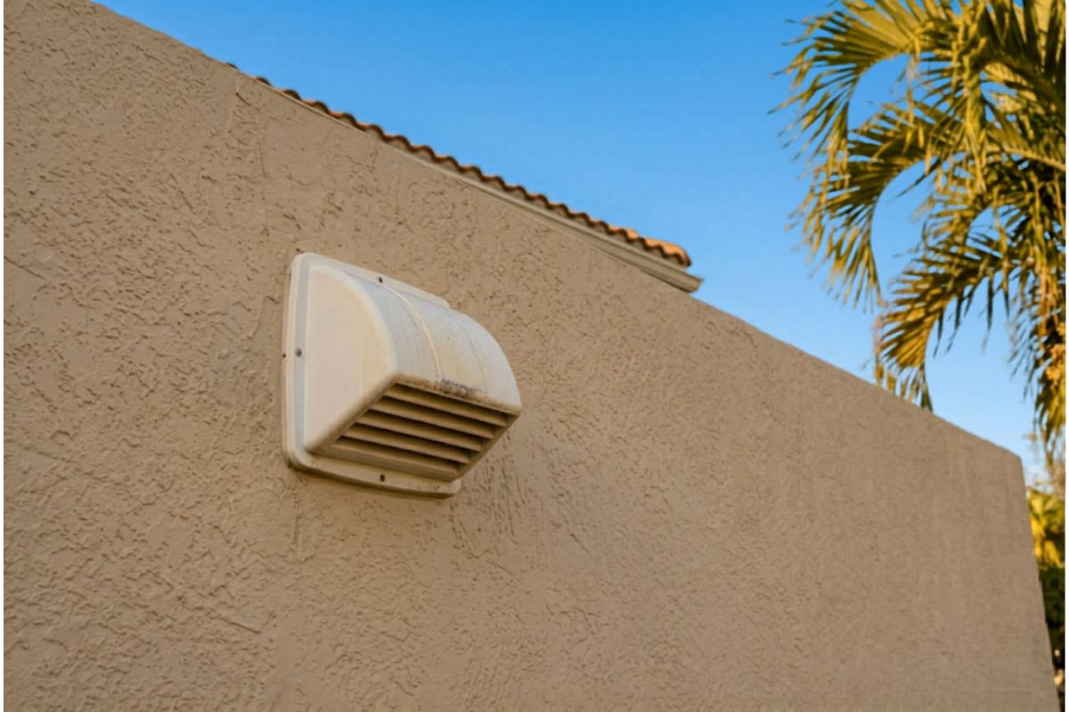 Exterior dryer vent cap on a Florida stucco home