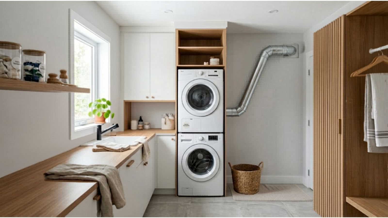 Clean modern laundry room with rigid metal dryer vent ducting — Tampa, FL