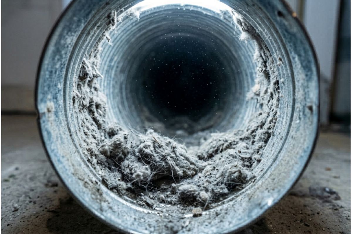 Heavy lint buildup inside a clogged residential dryer vent duct